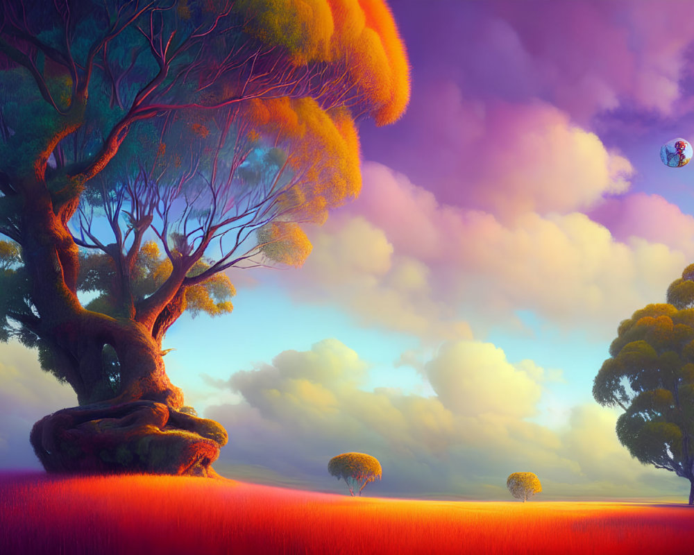 Colorful landscape with oversized tree, hot air balloon, and vibrant clouds