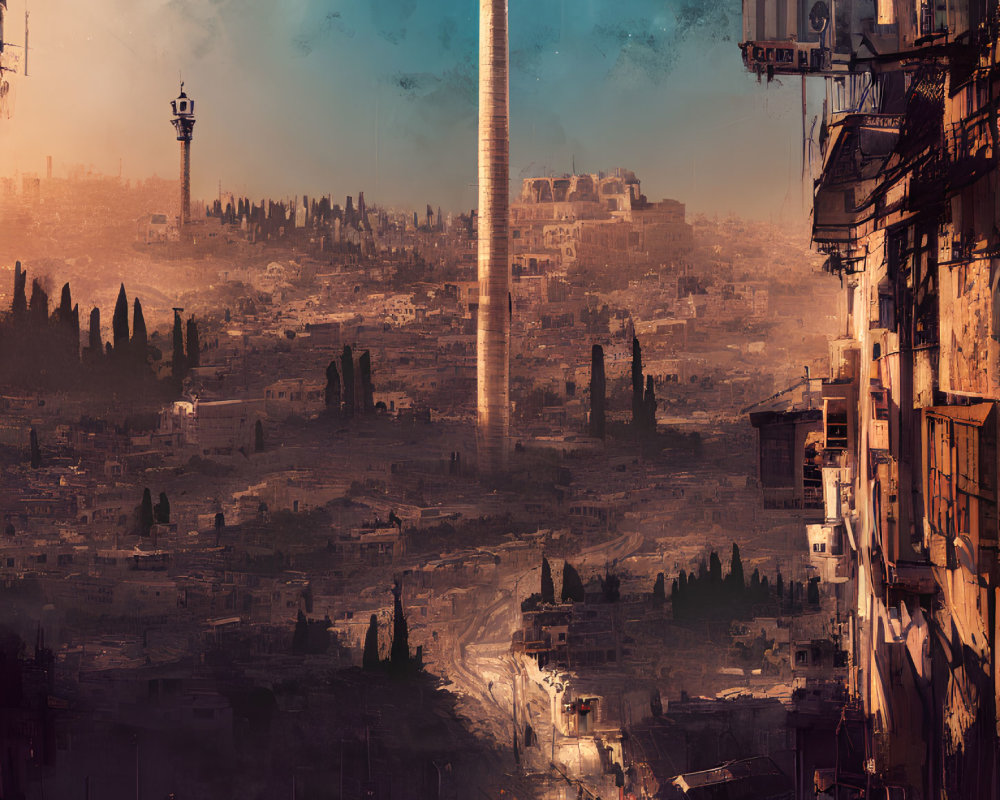 Futuristic landscape with imposing tower and dilapidated buildings