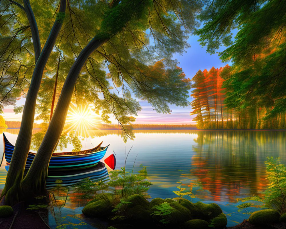 Tranquil Sunset Scene: Lake Reflections, Colorful Boat, Lush Trees