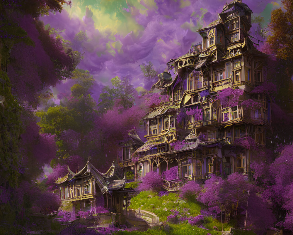 Victorian-style mansion in mystical moonlit setting