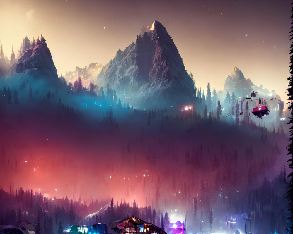 Illuminated mountains, purple forest haze, starry sky, futuristic structures