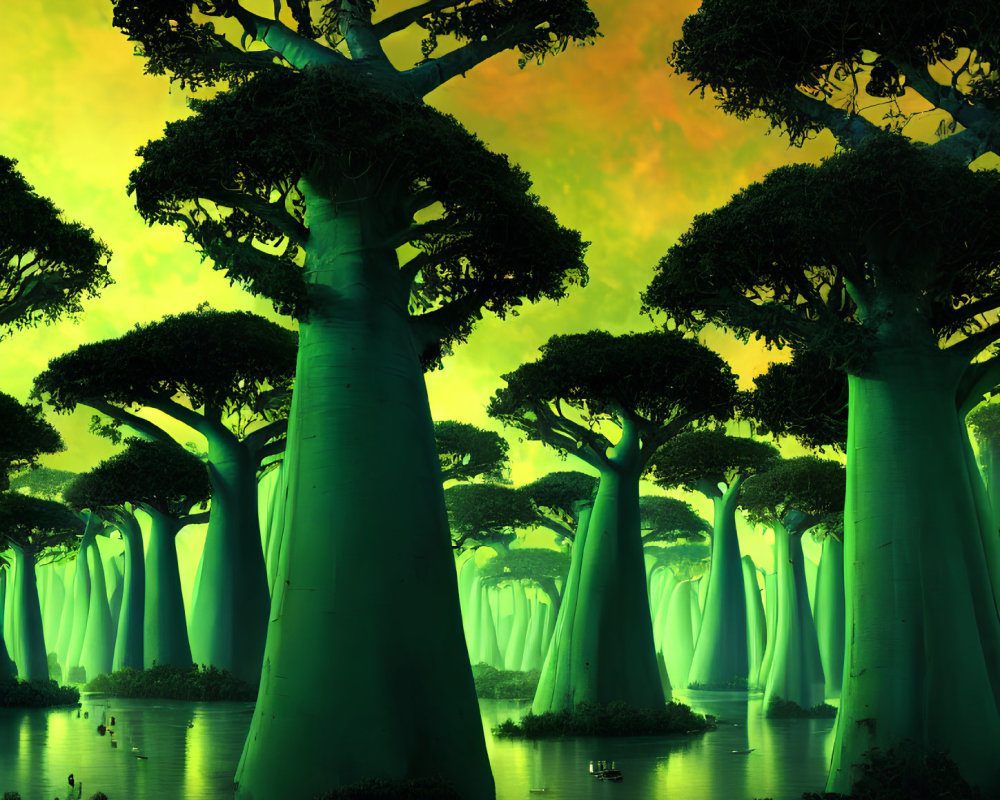 Mystical swamp illustration with baobab-like trees under greenish sky