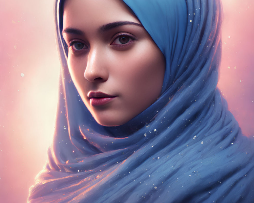 Digital portrait of woman in blue headscarf on pink background