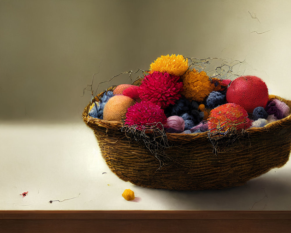 Colorful wicker basket with textured yarn pompoms on wooden ledge against cream wall.