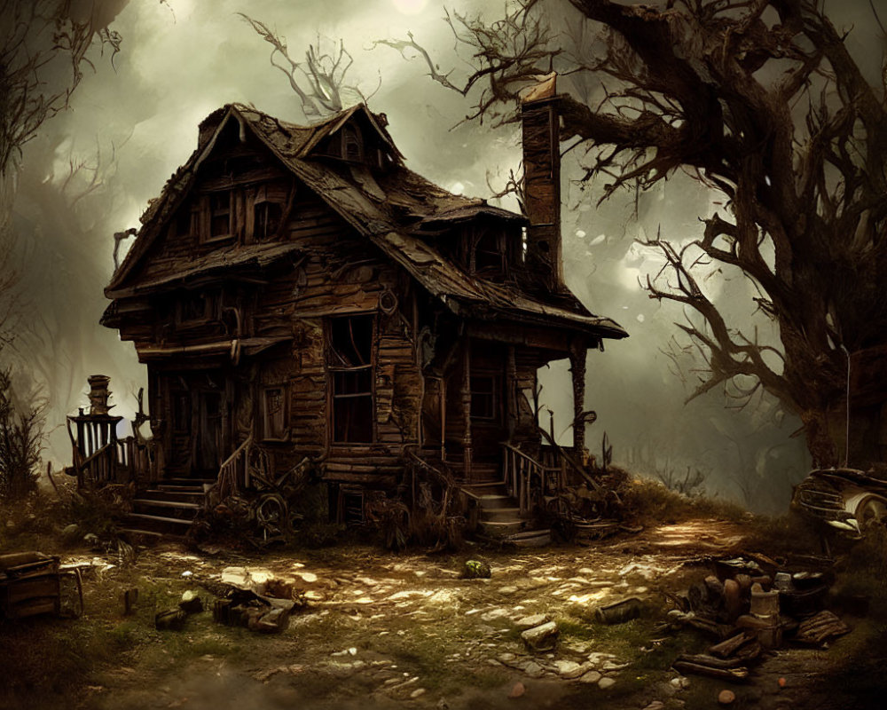 Spooky, rundown wooden house with crooked chimney, twisted trees, broken fence, and abandoned car