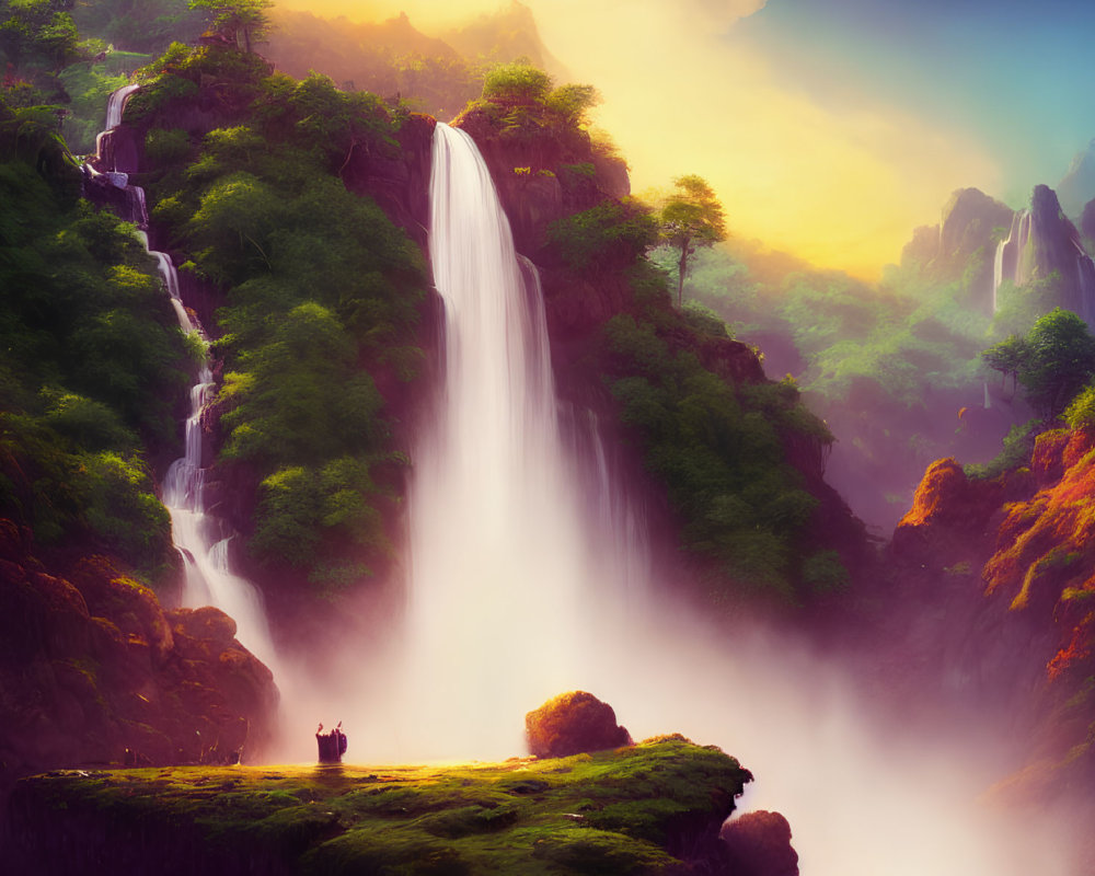 Scenic landscape with waterfalls, greenery, mist, and person on cliff edge