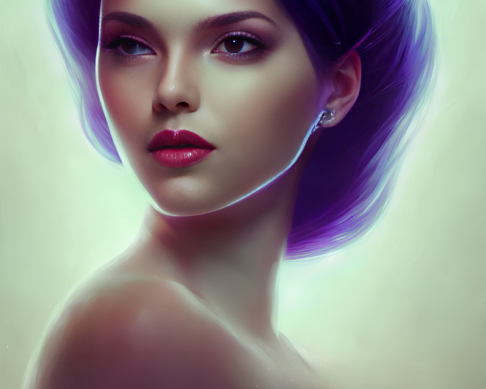 Digital artwork: Woman with luminous skin, red lips, purple hair, gradient background