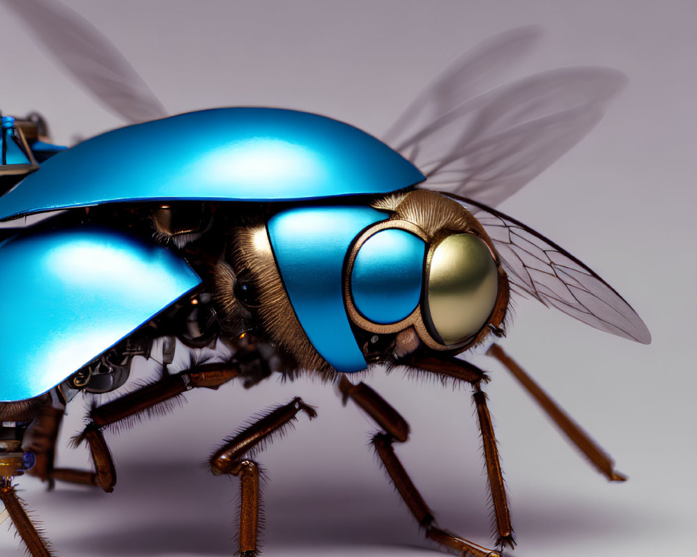 Detailed Close-Up of Shiny Blue Robotic Bee with Translucent Wings