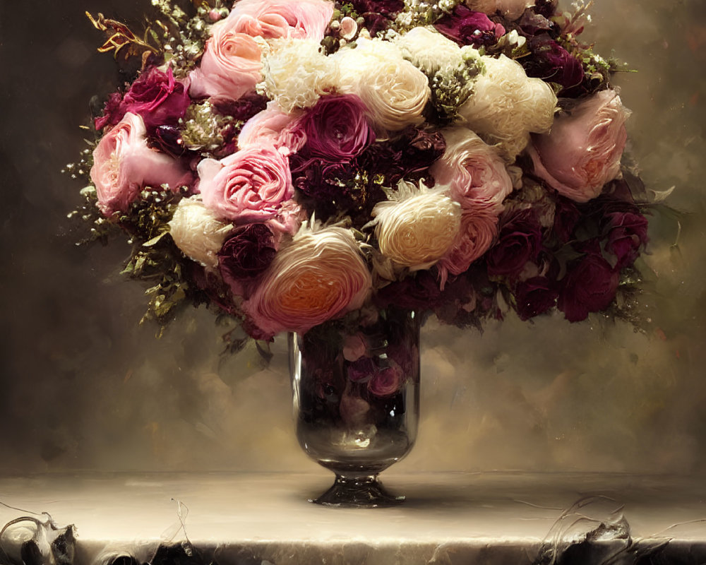 Pink and White Roses Bouquet in Clear Glass Vase on Dark Background