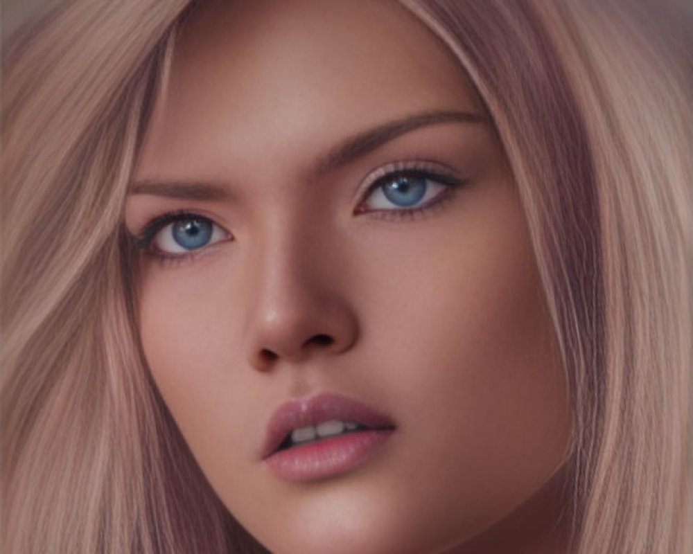 Portrait of a woman with blue eyes, full lips, and pinkish-blonde hair.