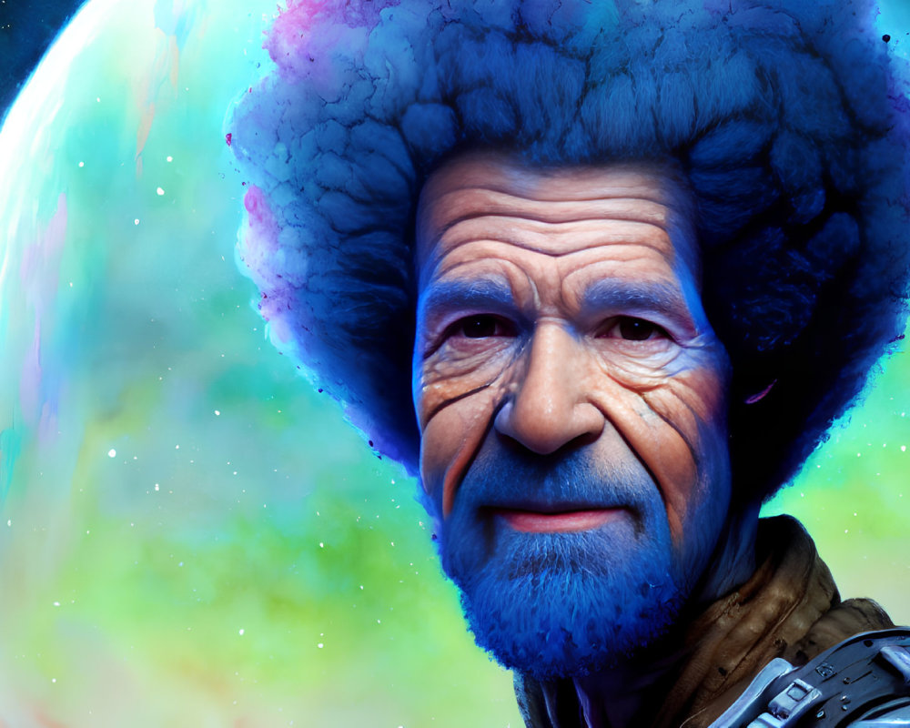 Elderly man digital art: cosmic hair, space suit, starry backdrop