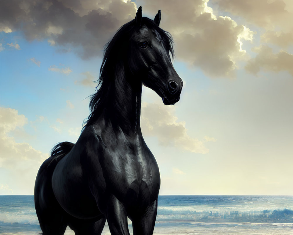 Black horse on beach with breaking waves under cloudy sky