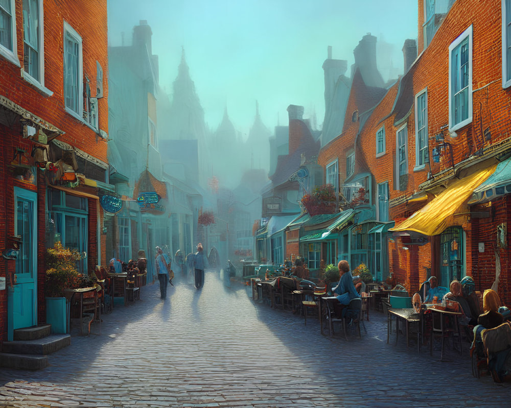 Charming cobblestone street with red-brick buildings and outdoor cafes on a sunny morning