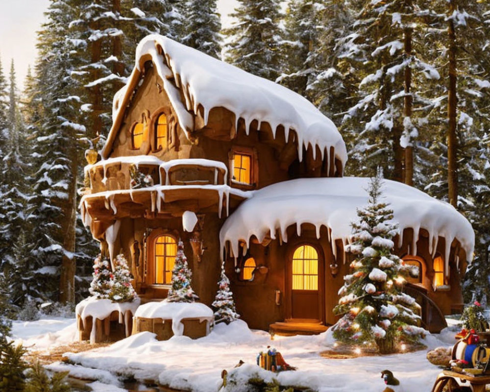 Snow-covered house with Christmas decorations and warm lights, surrounded by trees