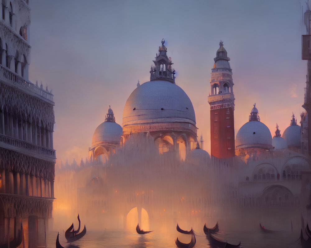 Foggy Venice scene with gondolas and historic buildings