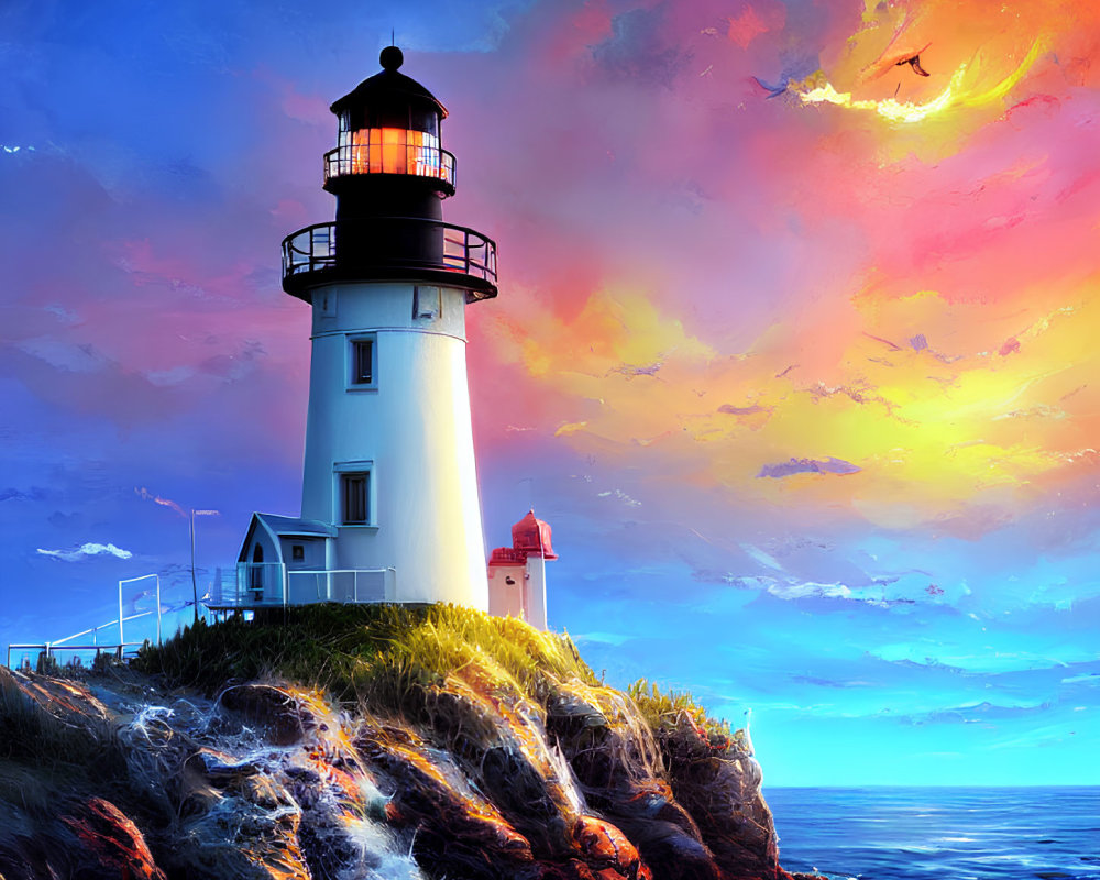 Scenic sunset view of lighthouse on cliff with colorful skies and calm seas