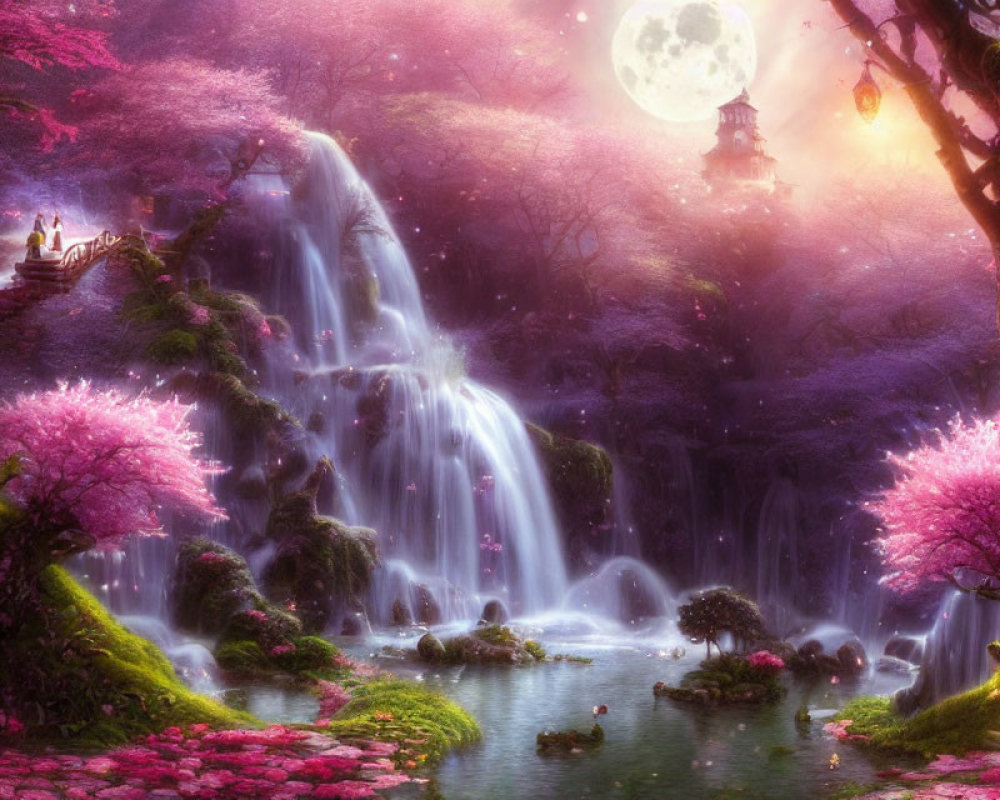 Colorful fantasy landscape with waterfall, pink trees, ducks, full moon, and bridge couple