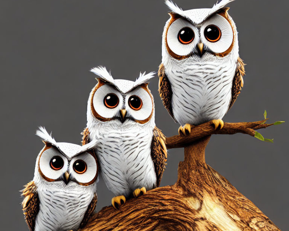 Three adorable animated owls on branch against grey backdrop