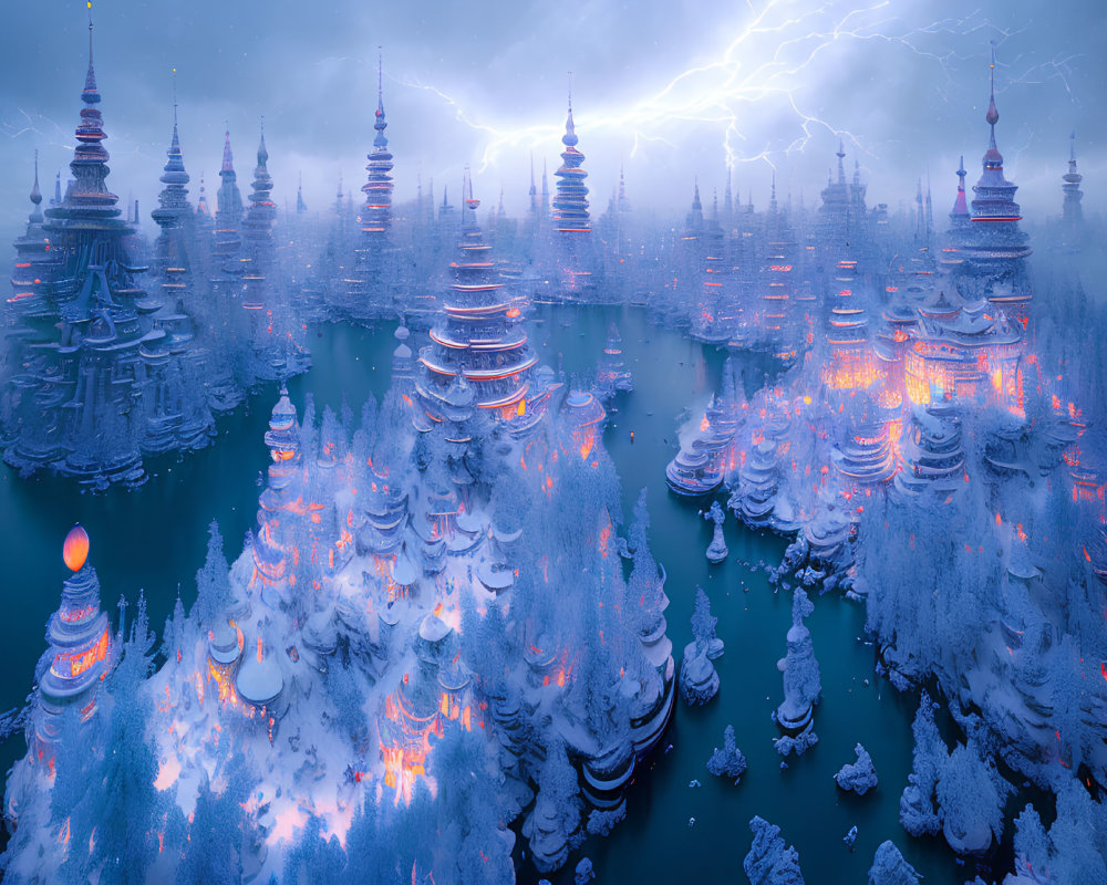 Snow-covered pagodas in mystical winter landscape with warm lights under stormy sky.