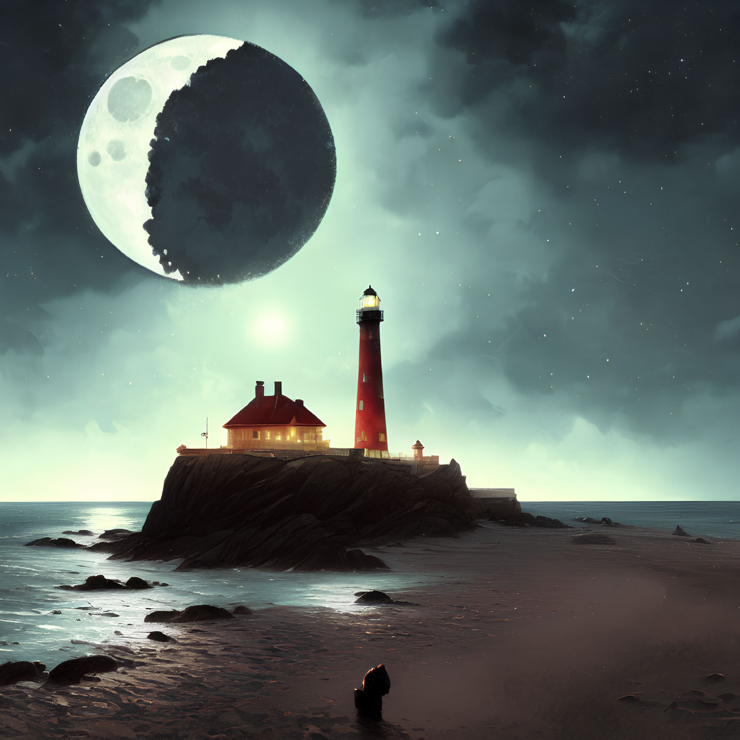 Lighthouse on rocky outcrop with glowing beacon under large moon