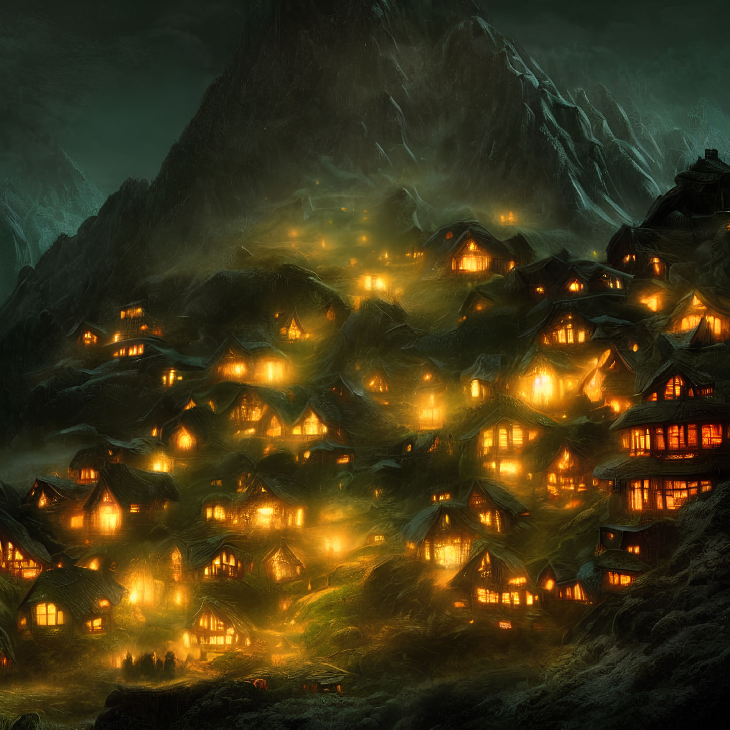 Scenic night view of illuminated village in mountains