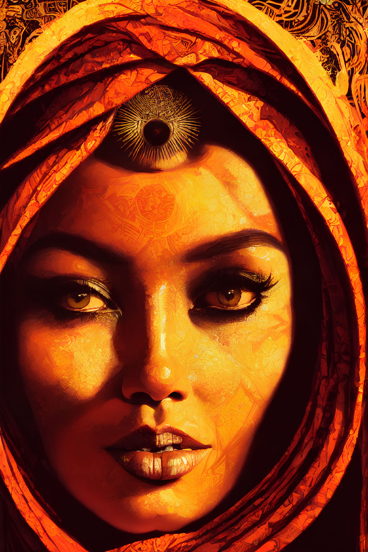 Digital artwork featuring woman with ornate orange headscarf and glowing face patterns.