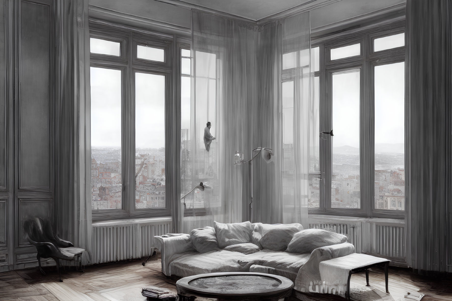 Sophisticated monochrome room with city view, sheer curtains, sofa, chaise lounge, floor