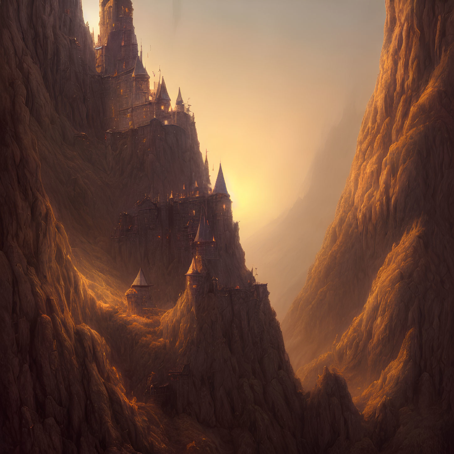 Mystical castle on rugged cliffs at sunset with narrow pathways