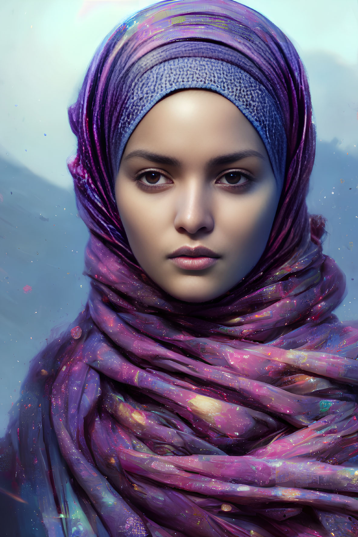 Digital portrait of woman with cosmic headscarf on blue background