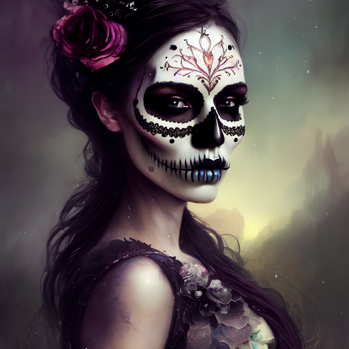 Woman with Day of the Dead skull makeup and floral hair adornment in atmospheric setting