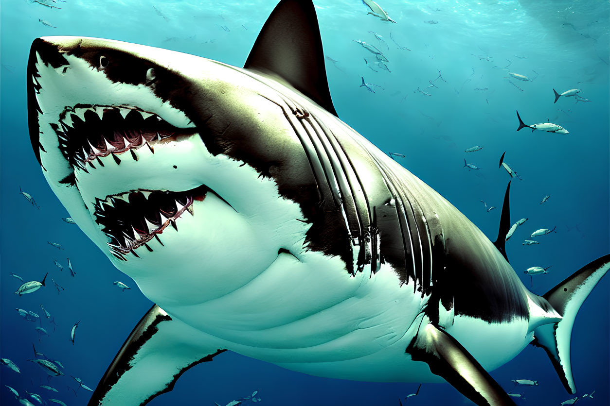 Large Great White Shark Among School of Fish in Deep Blue Underwater Scene