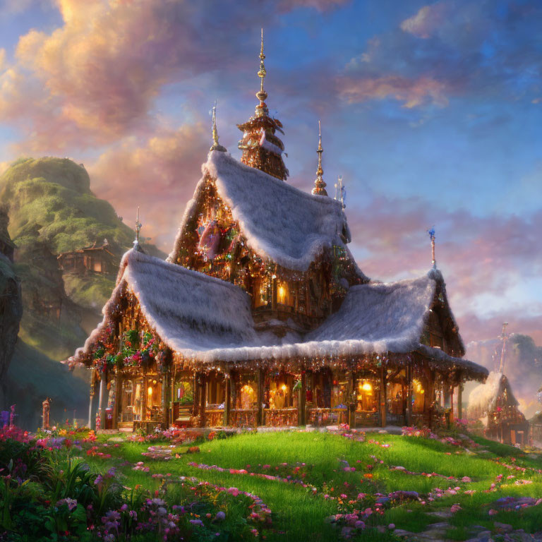 Snow-covered wooden cottage with ornate decorations and warm lighting amidst lush greenery at twilight