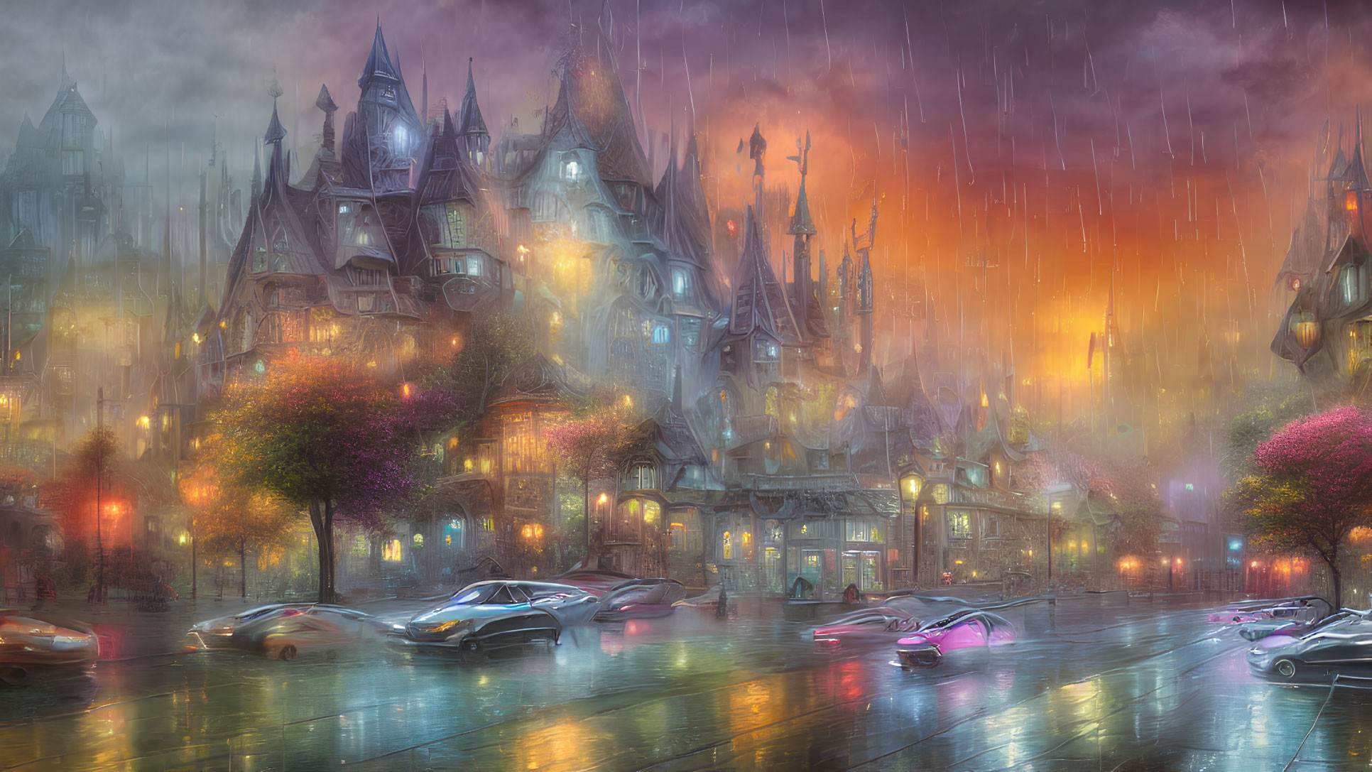 Futuristic cityscape with reflective wet street and gothic skyline