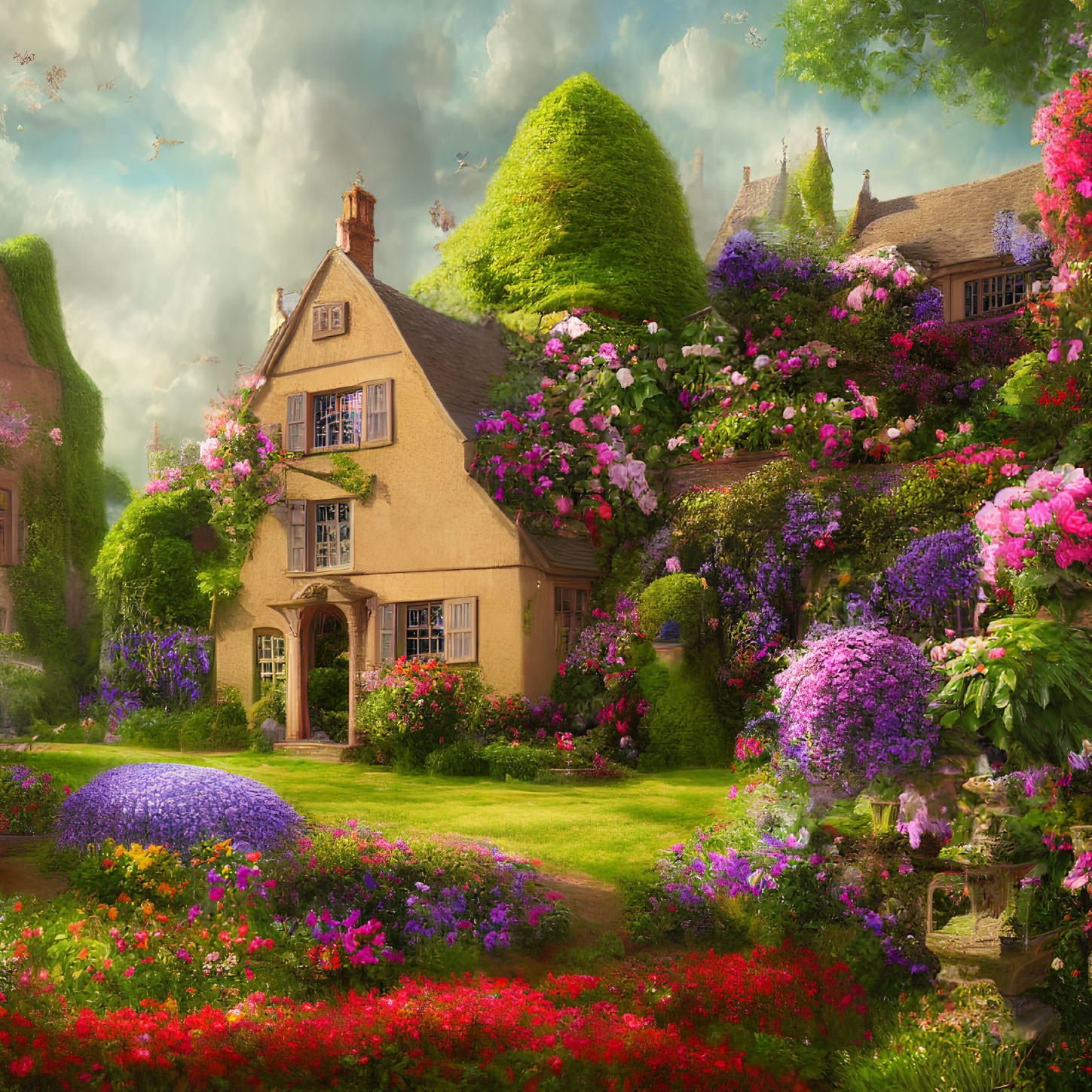 Charming cottage with lush garden and vibrant flowers