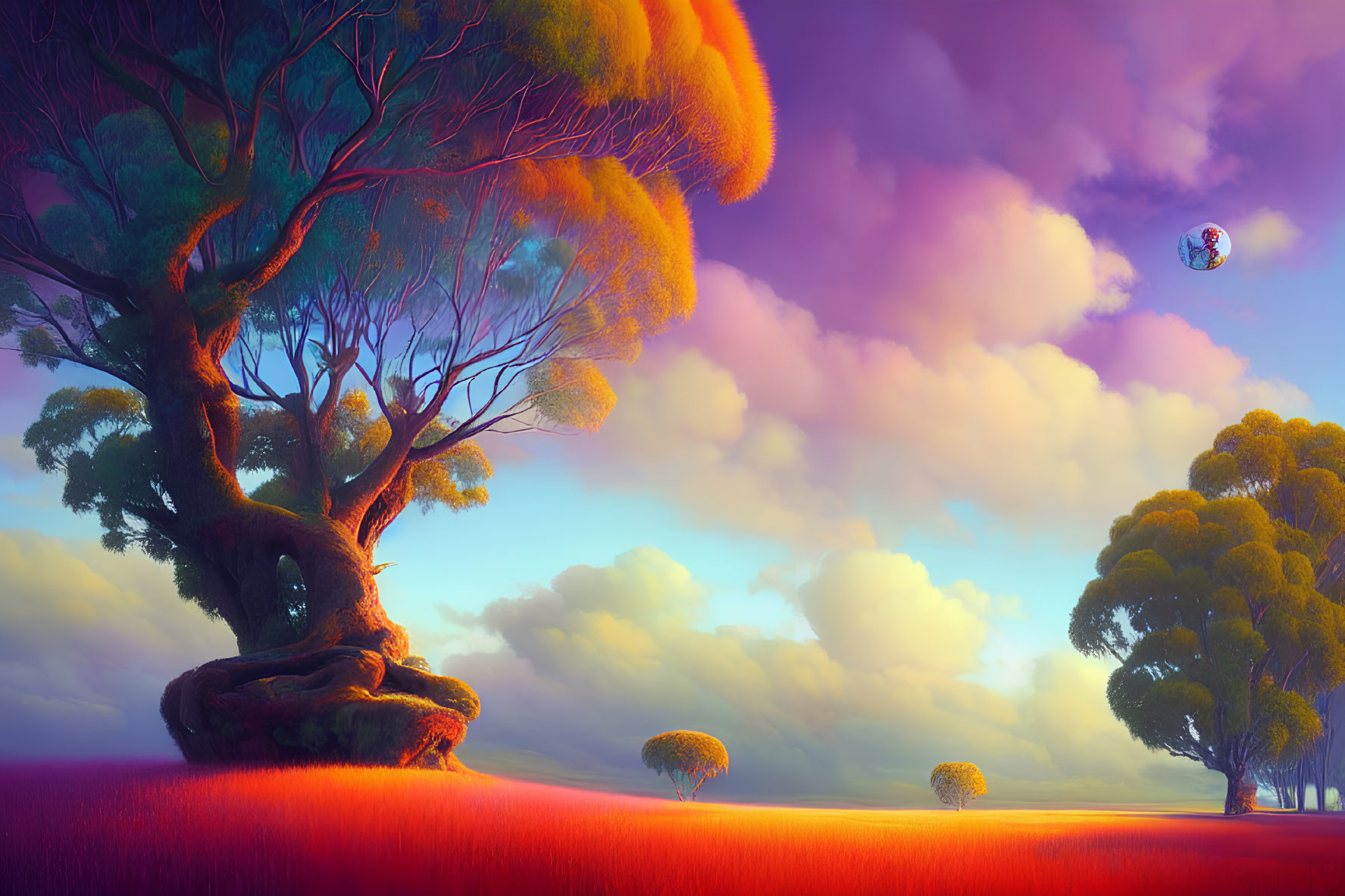 Colorful landscape with oversized tree, hot air balloon, and vibrant clouds