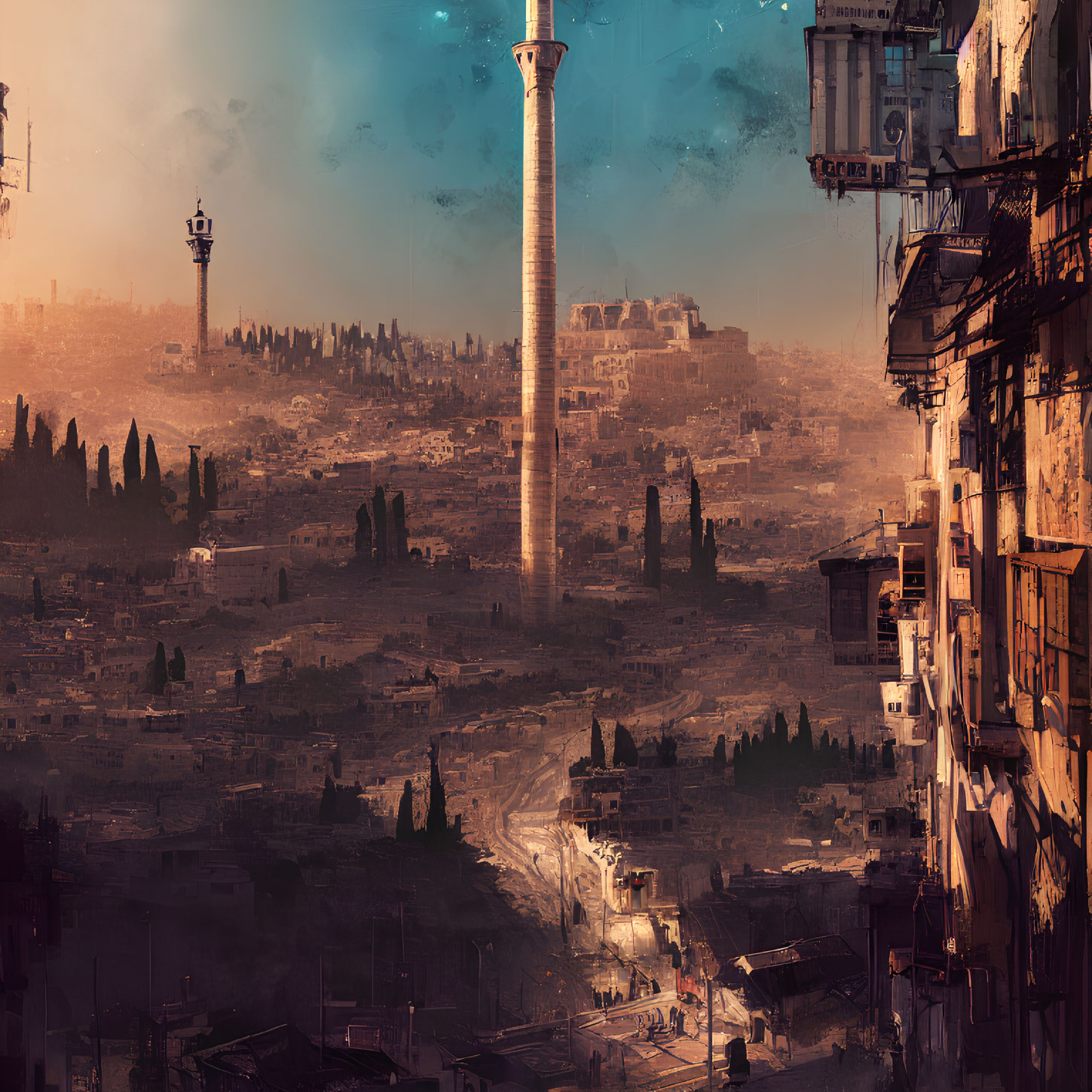 Futuristic landscape with imposing tower and dilapidated buildings