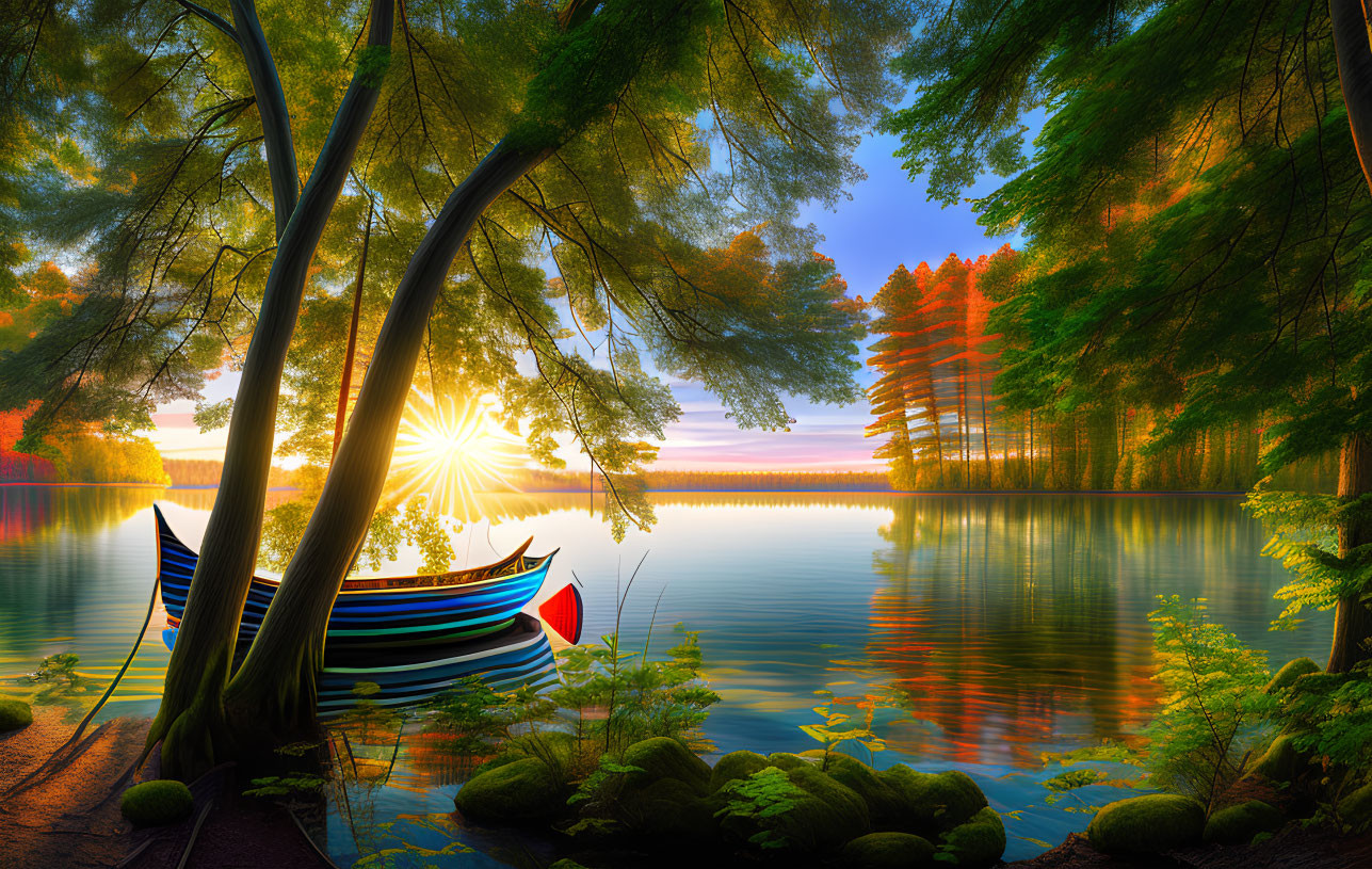 Tranquil Sunset Scene: Lake Reflections, Colorful Boat, Lush Trees