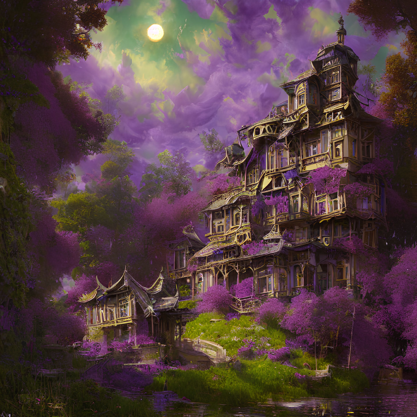 Victorian-style mansion in mystical moonlit setting