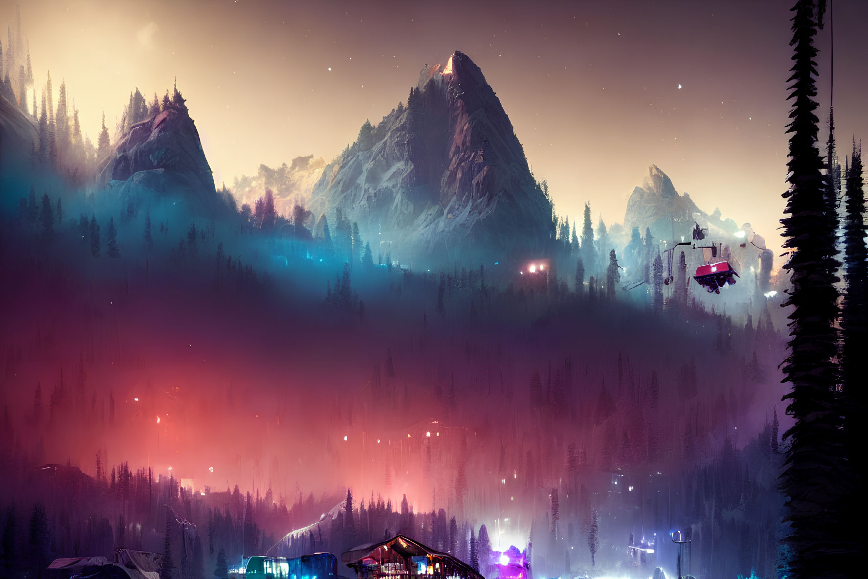 Illuminated mountains, purple forest haze, starry sky, futuristic structures