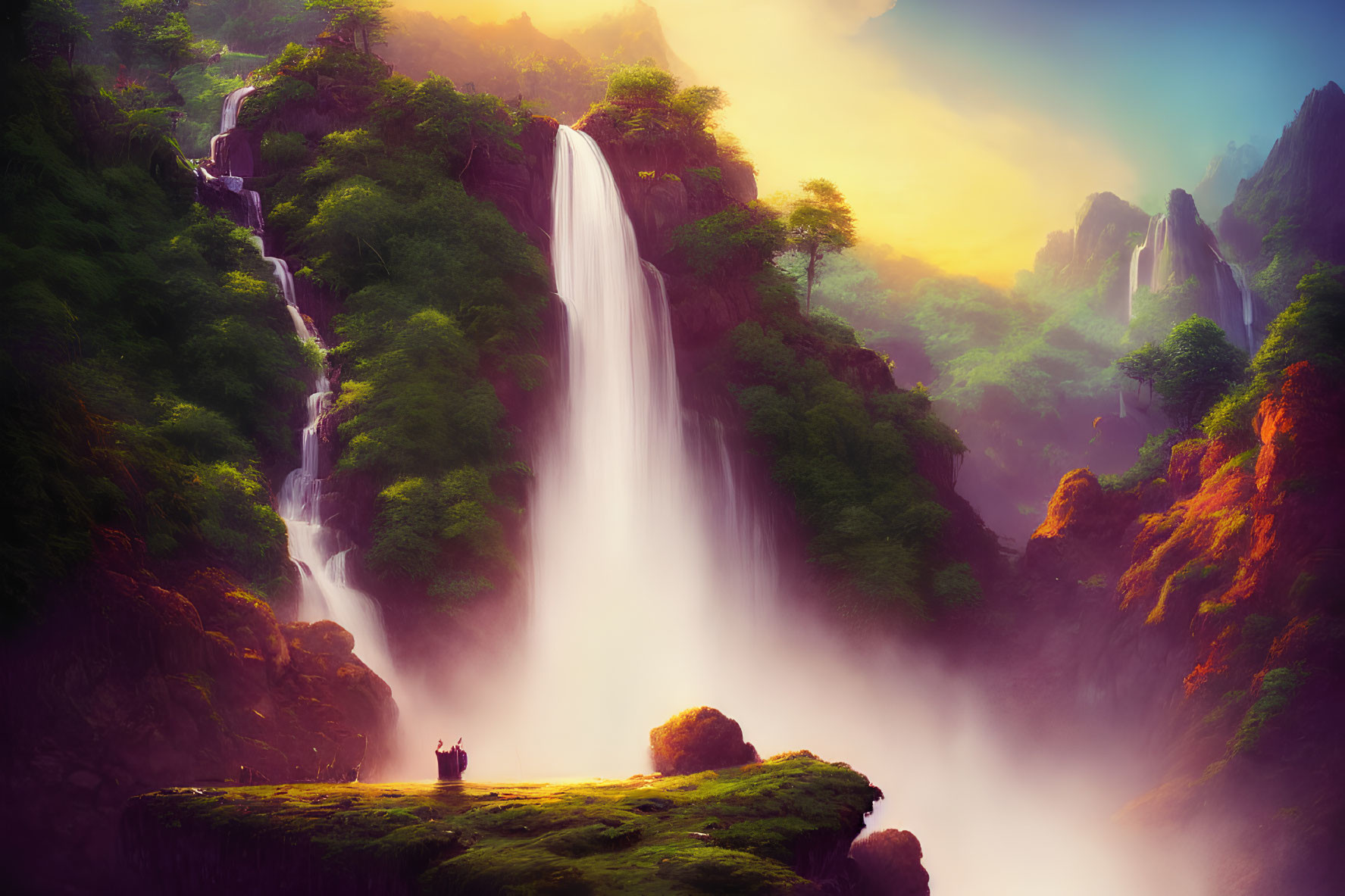 Scenic landscape with waterfalls, greenery, mist, and person on cliff edge