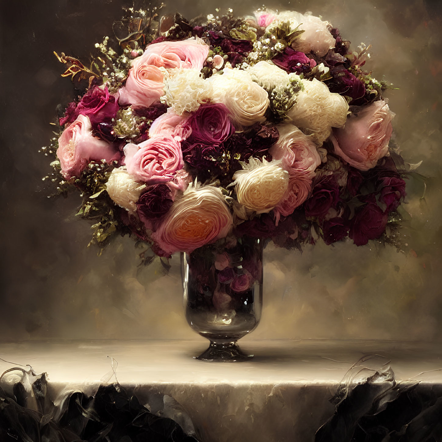 Pink and White Roses Bouquet in Clear Glass Vase on Dark Background