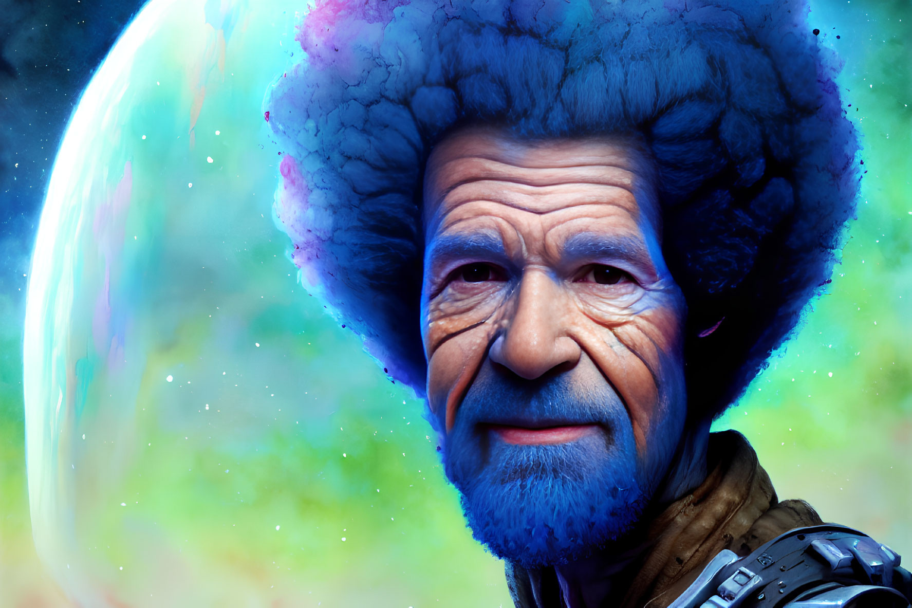 Elderly man digital art: cosmic hair, space suit, starry backdrop