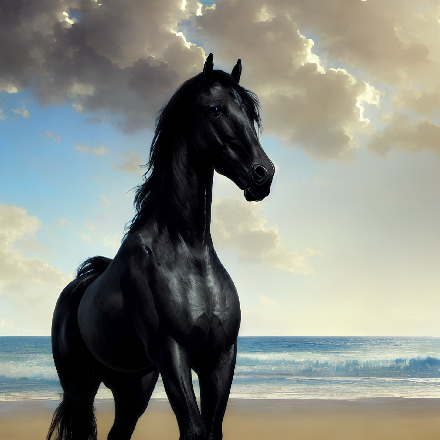 Black horse on beach with breaking waves under cloudy sky