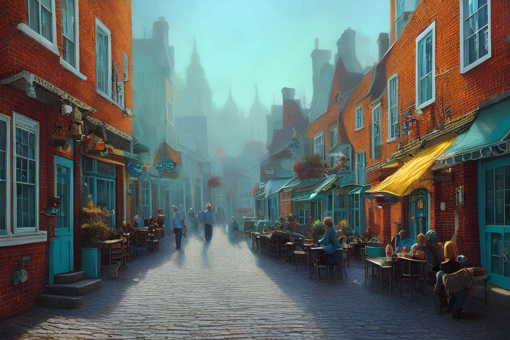 Charming cobblestone street with red-brick buildings and outdoor cafes on a sunny morning