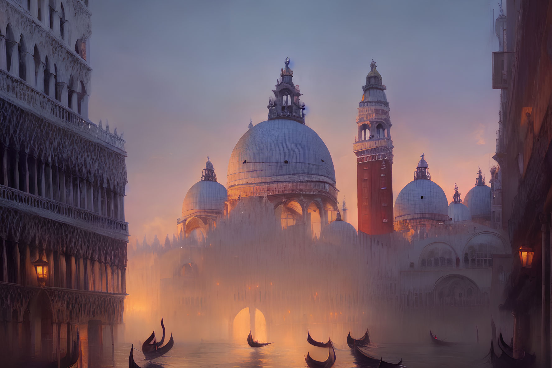 Foggy Venice scene with gondolas and historic buildings