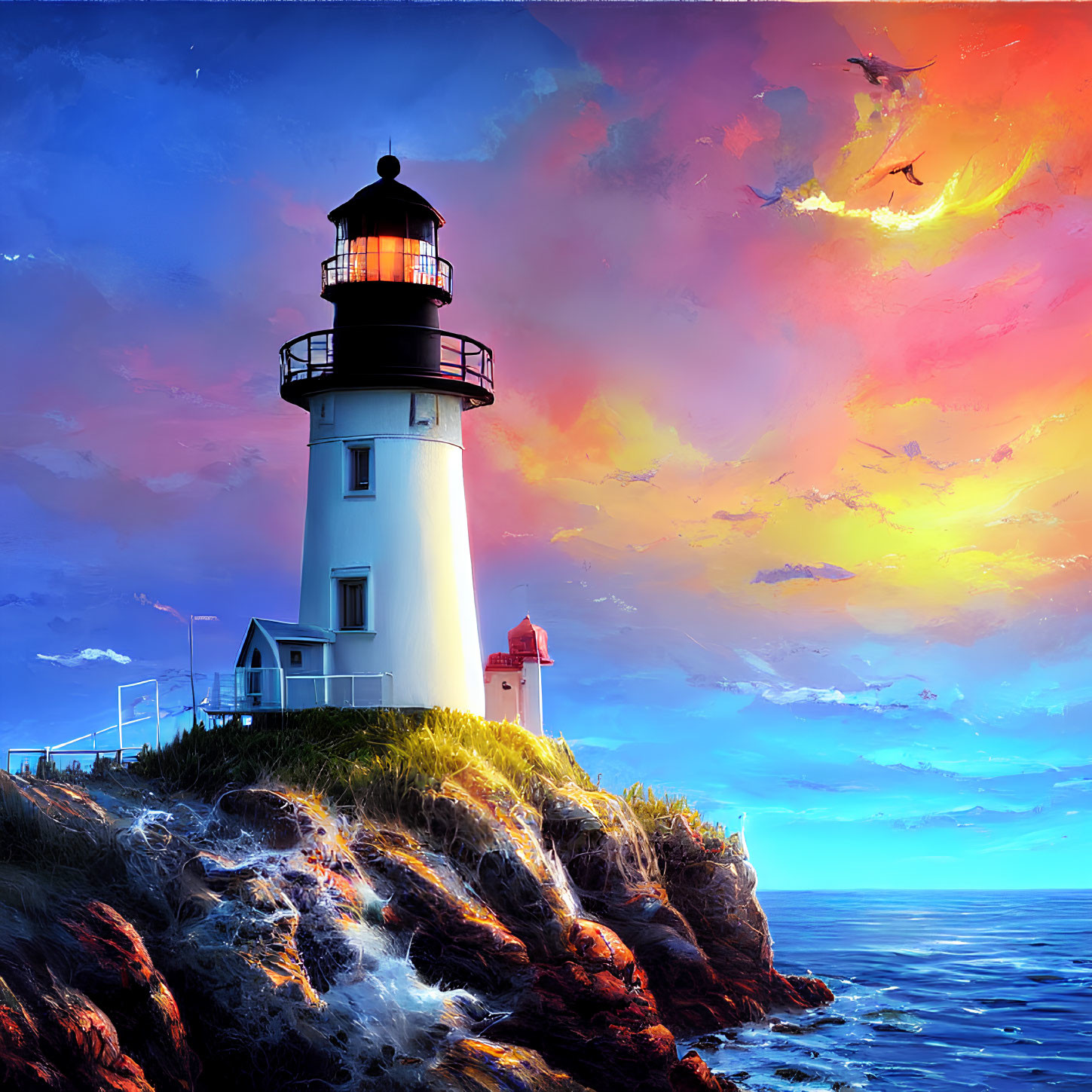 Scenic sunset view of lighthouse on cliff with colorful skies and calm seas