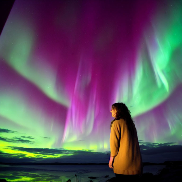 Vivid green and purple aurora borealis over tranquil horizon