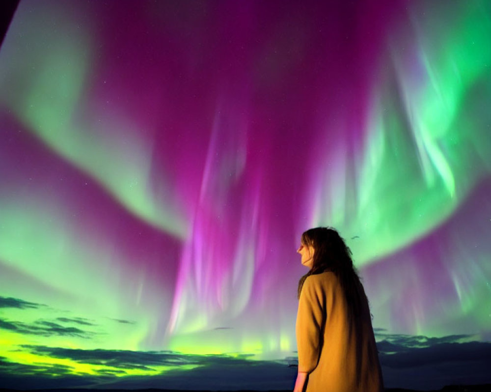 Vivid green and purple aurora borealis over tranquil horizon