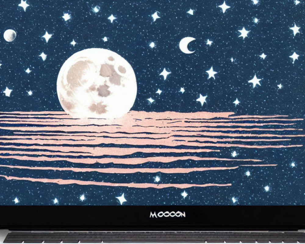 Laptop screen with moon, stars, waves, and "MOON" text