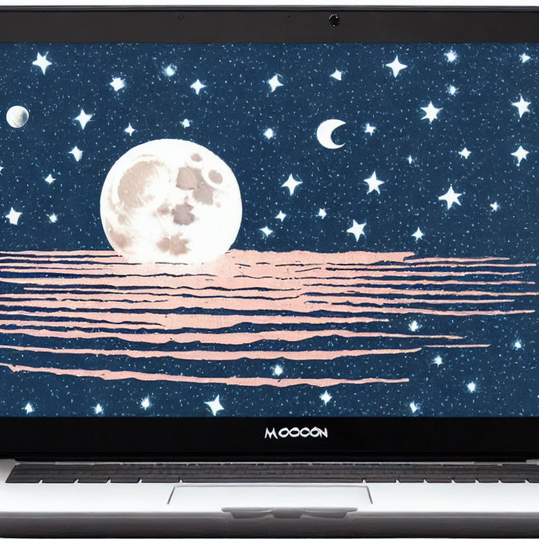 Laptop screen with moon, stars, waves, and "MOON" text